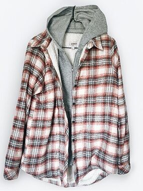 Ci Sono Plaid Hooded Shacket in Red & Gray Womens Large